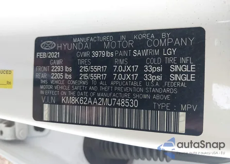 2021 Hyundai Kona Sel Plus z USA, uszkodzony, nr VIN KM8K62AA2MU748530